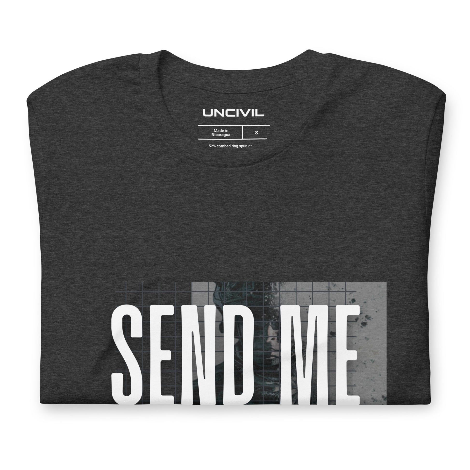Send Me Isaiah 6:8 shirt, dark grey heather graphic tee featuring a soldier. Men 's shirt.