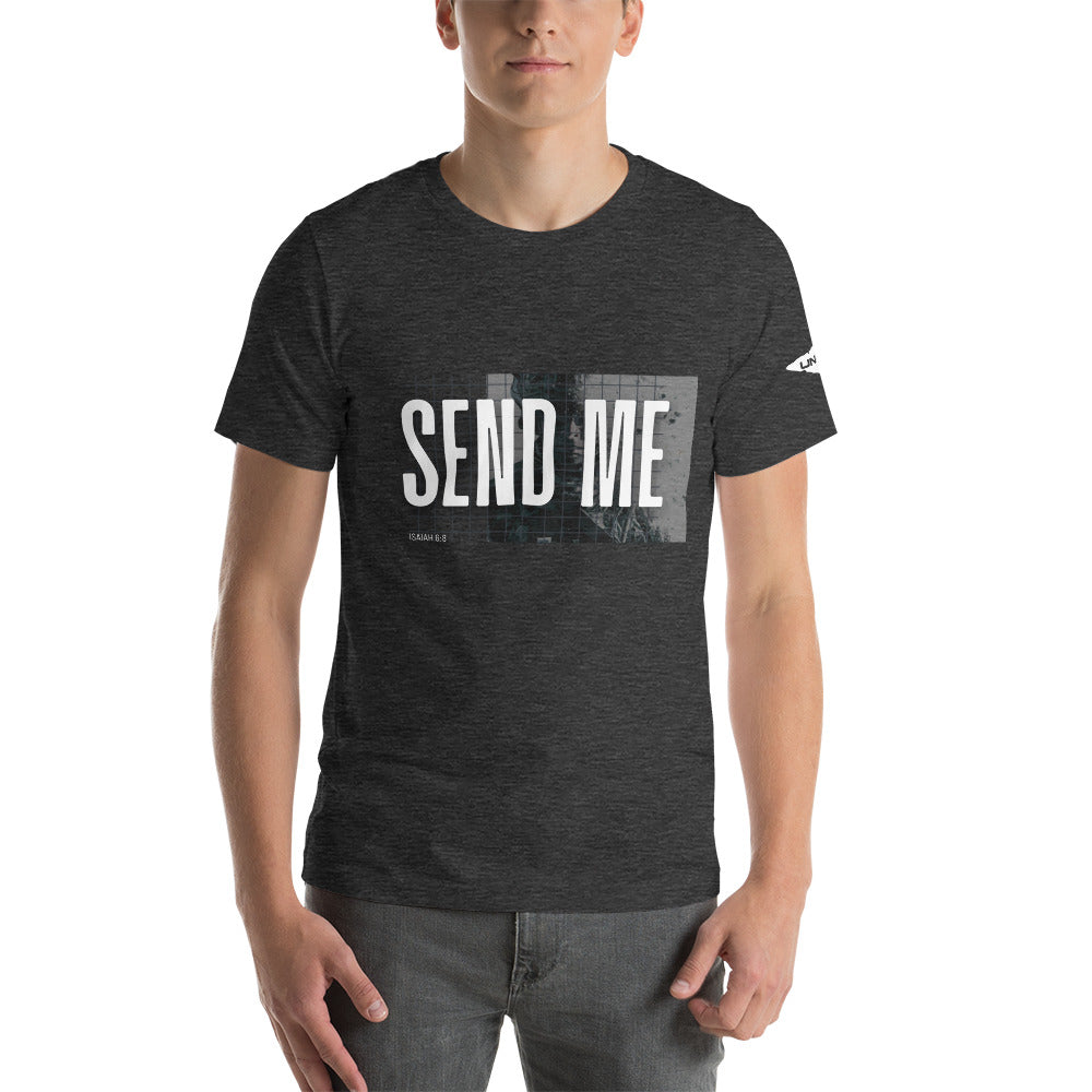 Send Me Isaiah 6:8 shirt, dark grey heather  graphic tee featuring a soldier. Men 's shirt.