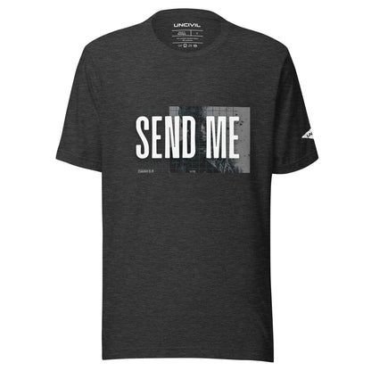 Send Me Isaiah 6:8 shirt, dark grey heather graphic tee featuring a soldier. Men 's shirt.