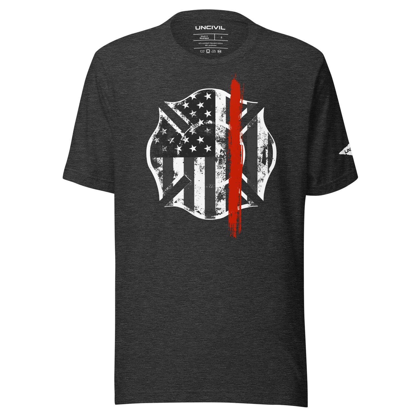 Back the Red t-shirt. Firefighter Thin Red Line shirt in dark heather grey.