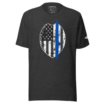 Back the Blue Unisex shirt. Law Enforcement Thin Blue Line t-shirt in dark heather grey.