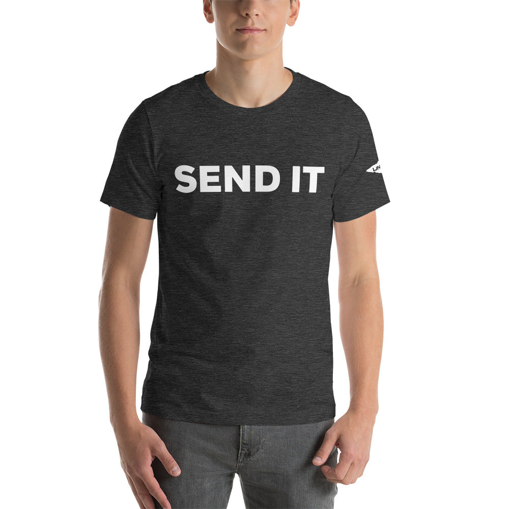 Send It is often used as an expression to indicate taking action or proceeding with a plan. Dark Grey men's shirt.