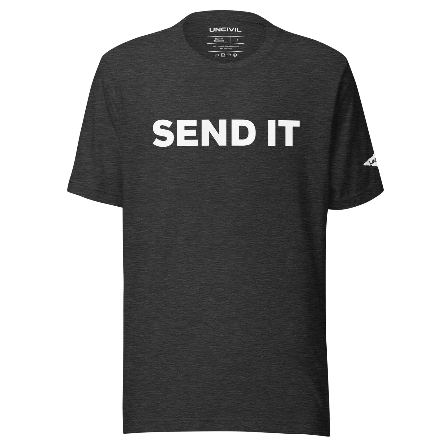 Send It is often used as an expression to indicate taking action or proceeding with a plan. Dark Grey Heather men's shirt.