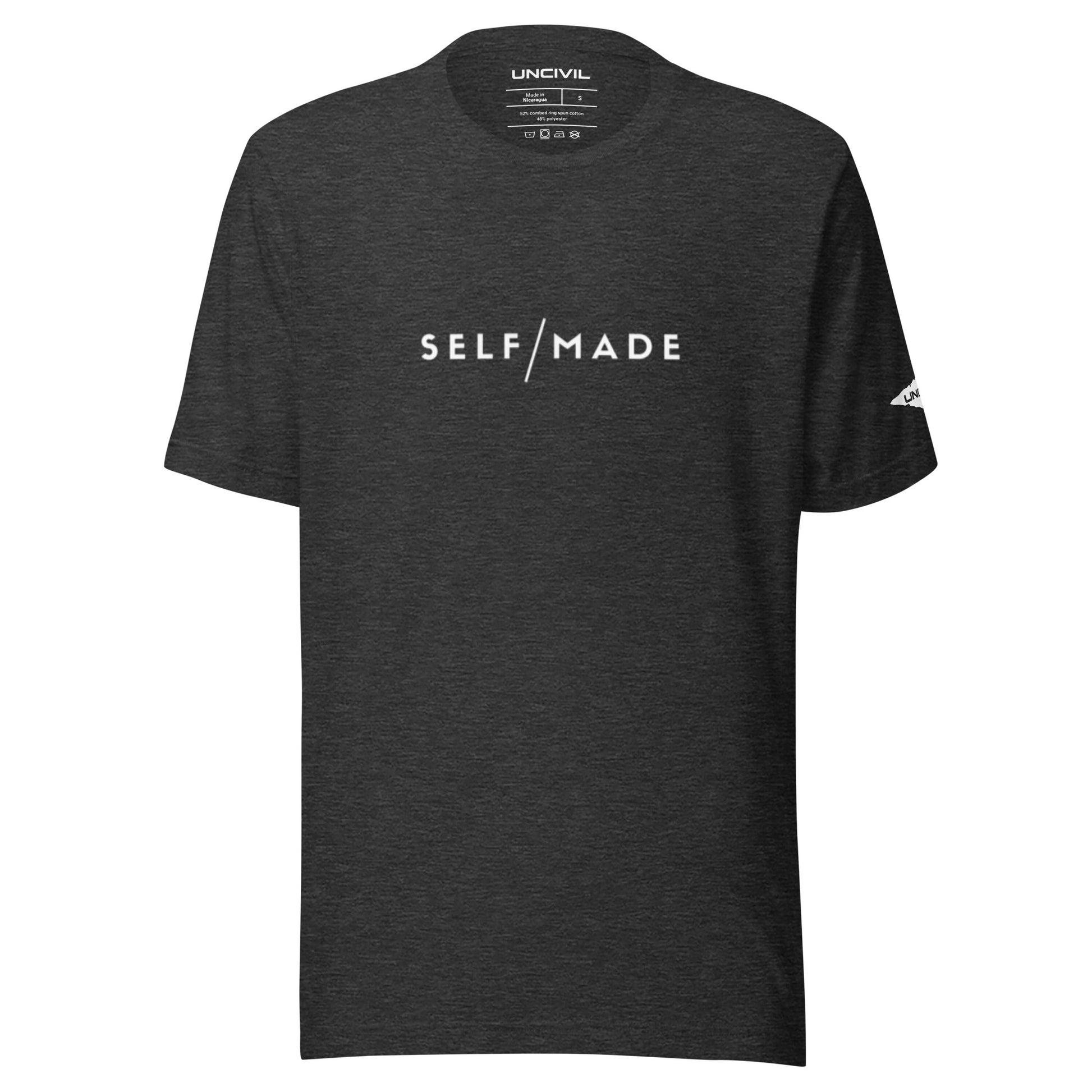 Our Self/Made UNCIVIL lifestyle shirt embodies empowerment and resilience. Dark Grey Heather unisex shirt.