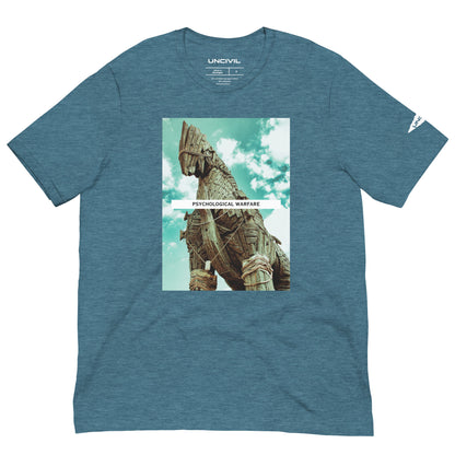 Our Psy Ops shirt features the Trojan Horse, a legendary story from Greek mythology. Heather Deep Teal graphic tee.
