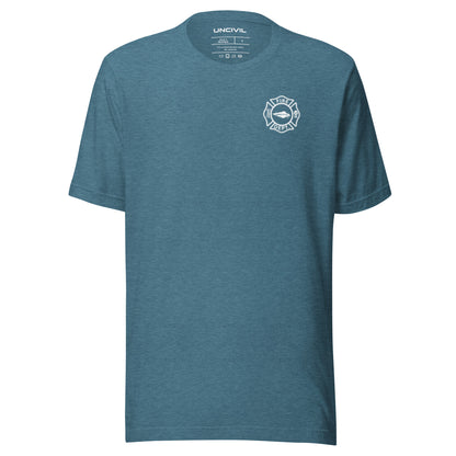 Keys to the City Halligan shirt, Heather Deep Teal unisex t-shirt with maltese cross