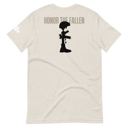 Honor the Fallen T-shirt, a powerful tribute to those who sacrificed for our freedom. Designed for Memorial Day, Heather Dust Unisex.