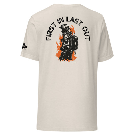 First In Last Out Firefighter Unisex T-shirt - heather dust cream