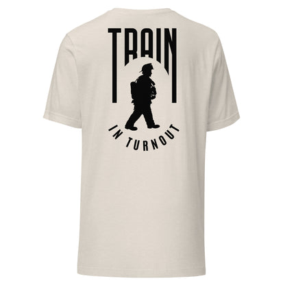 Train in Turnout Graphic Firefighter shirt, Heather Dust and Black.  