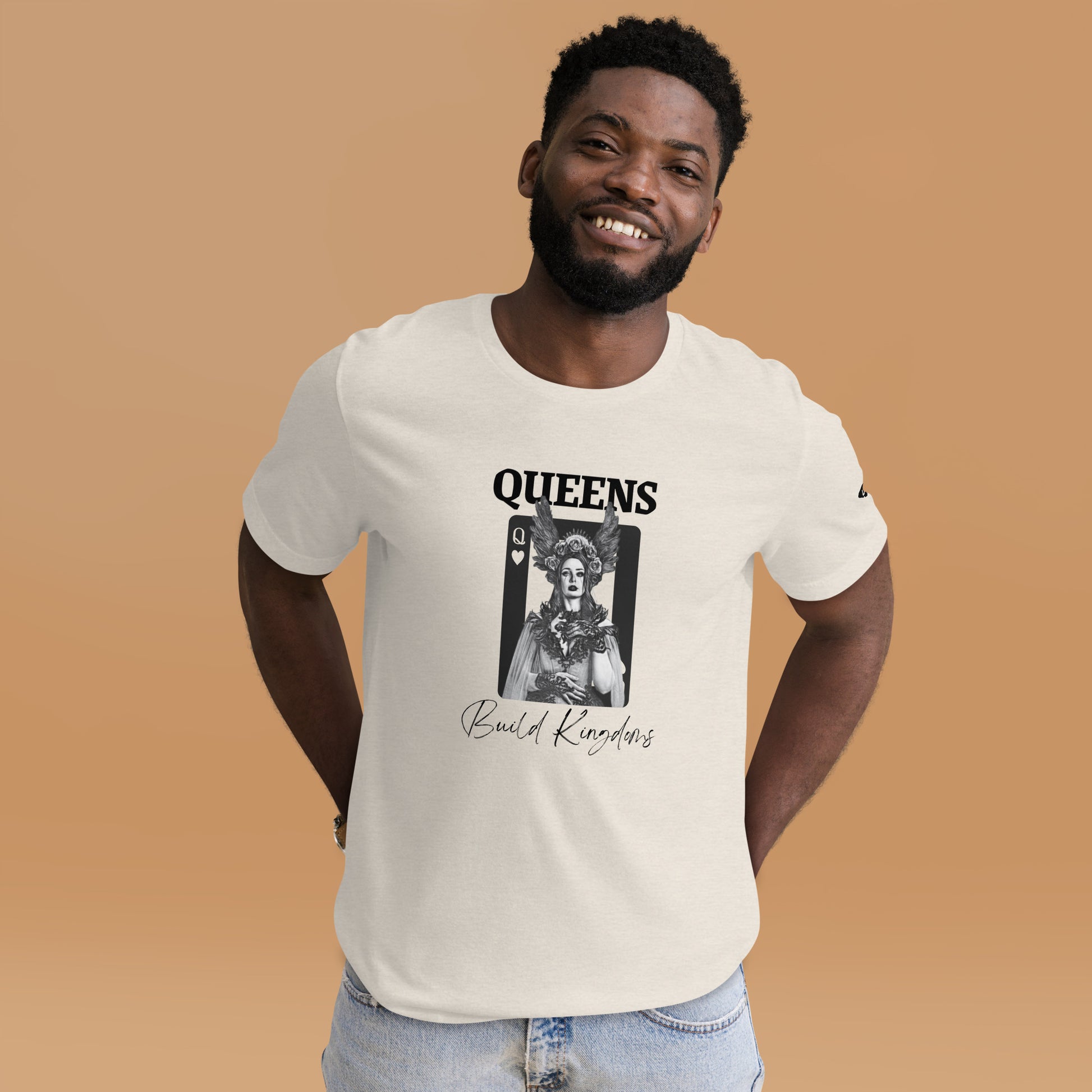 Queens Build Kingdoms heather dust shirt featuring an angel woman and a queen of heart card.