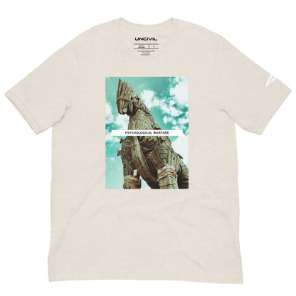 Our Psy Ops shirt features the Trojan Horse, a legendary story from Greek mythology. Heather Dust graphic tee.