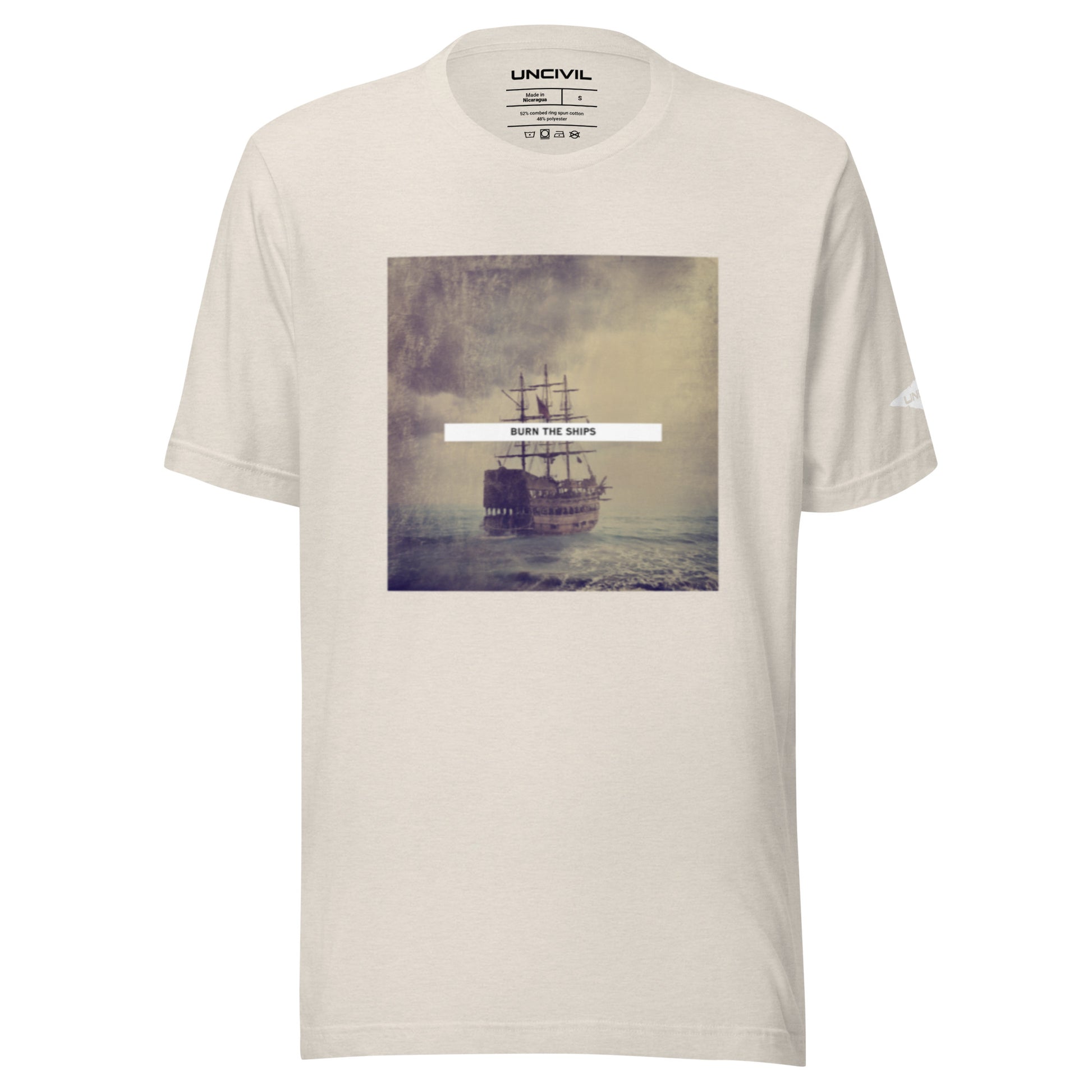 Burn the Ships shirt featuring a vintage image of a sailboat, heather dust for men and women. 