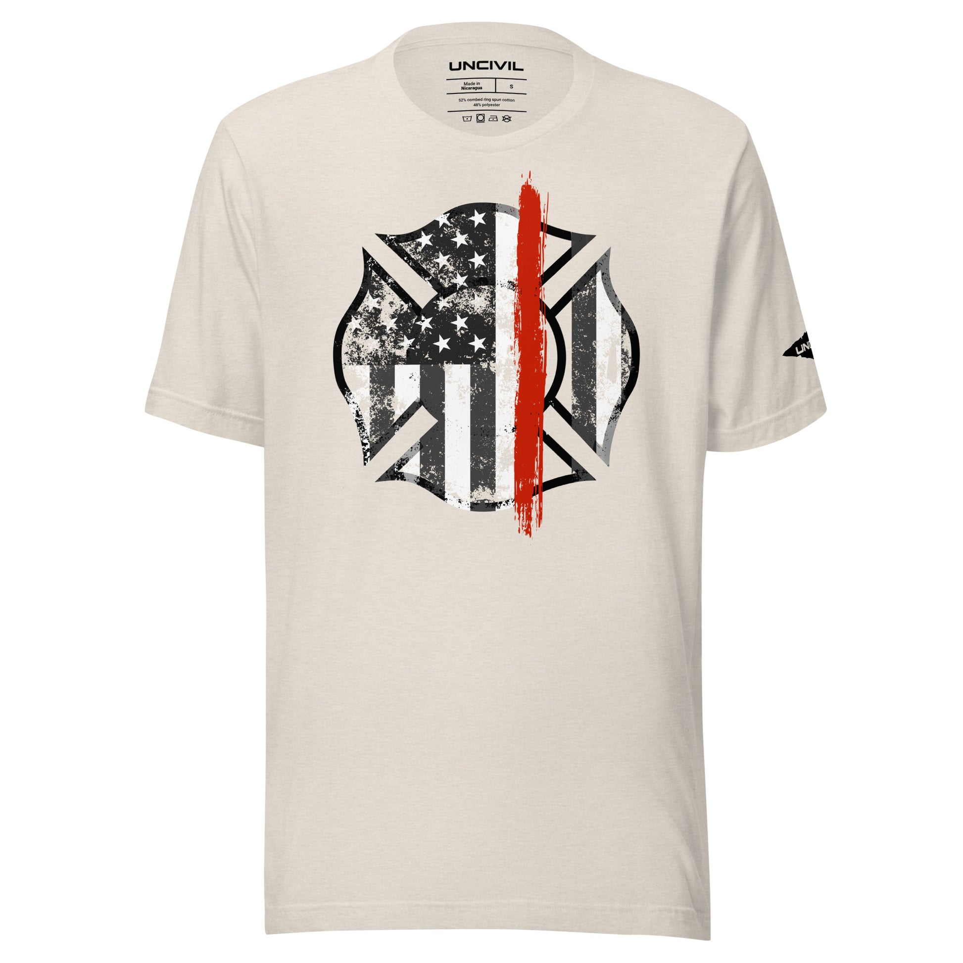 Back the Red t-shirt. Firefighter Thin Red Line shirt in heather dust.