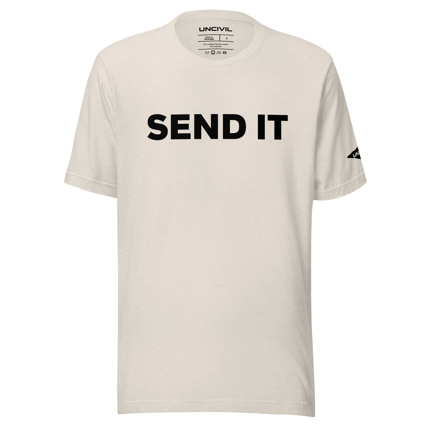 Send It is often used as an expression to indicate taking action or proceeding with a plan. Heather Dust men's shirt.