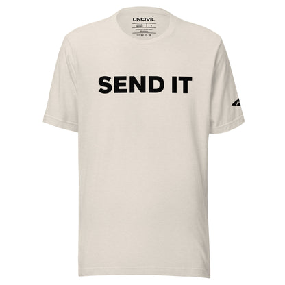 Send It is often used as an expression to indicate taking action or proceeding with a plan. Heather Dust men's shirt.