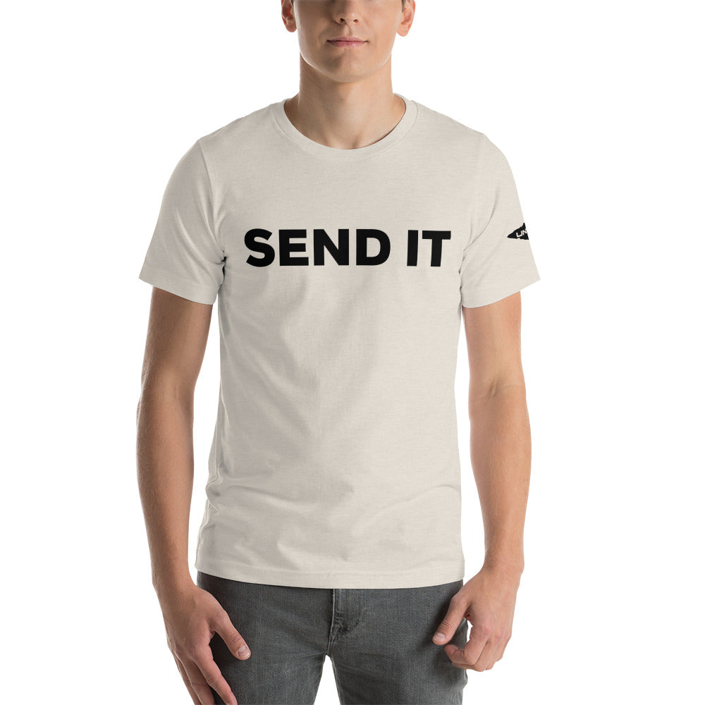 Send It is often used as an expression to indicate taking action or proceeding with a plan. Heather Dust men's shirt.