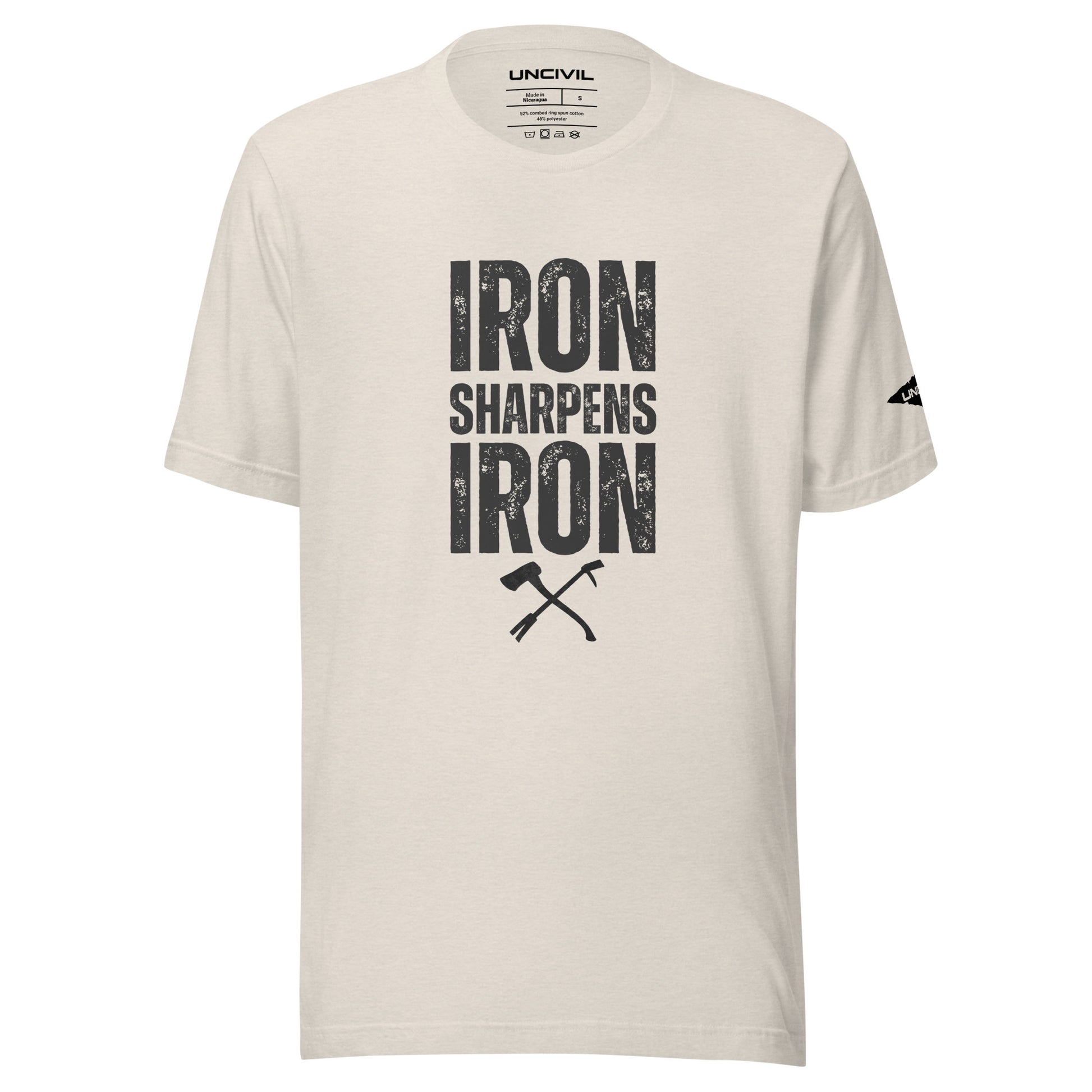 Iron Sharpens Iron Proverbs 27:17 Unisex T-shirt with a set of irons - Heather Dust Cream shirt