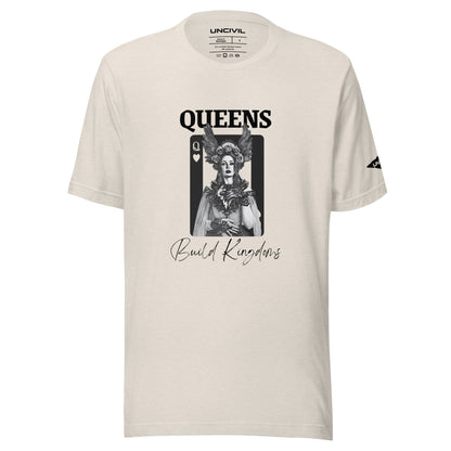 Queens Build Kingdoms heather dust shirt featuring an angel woman and a queen of heart card.