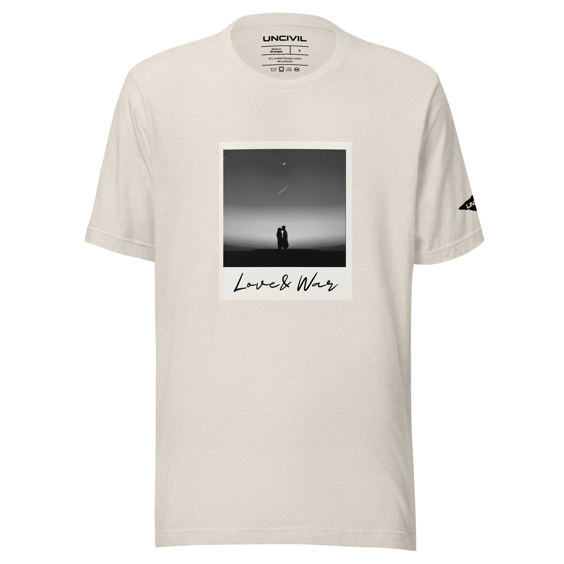 Love and War shirt. Featuring a Polaroid photo of a couple in black and white. Heather Dust unisex shirt.