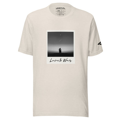 Love and War shirt. Featuring a Polaroid photo of a couple in black and white. Heather Dust unisex shirt.