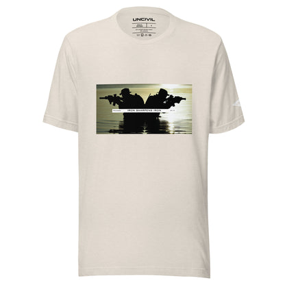 Iron Sharpens Iron Graphic tee, Proverbs 27:17 Unisex military graphic shirt - Heather Dust T-shirt