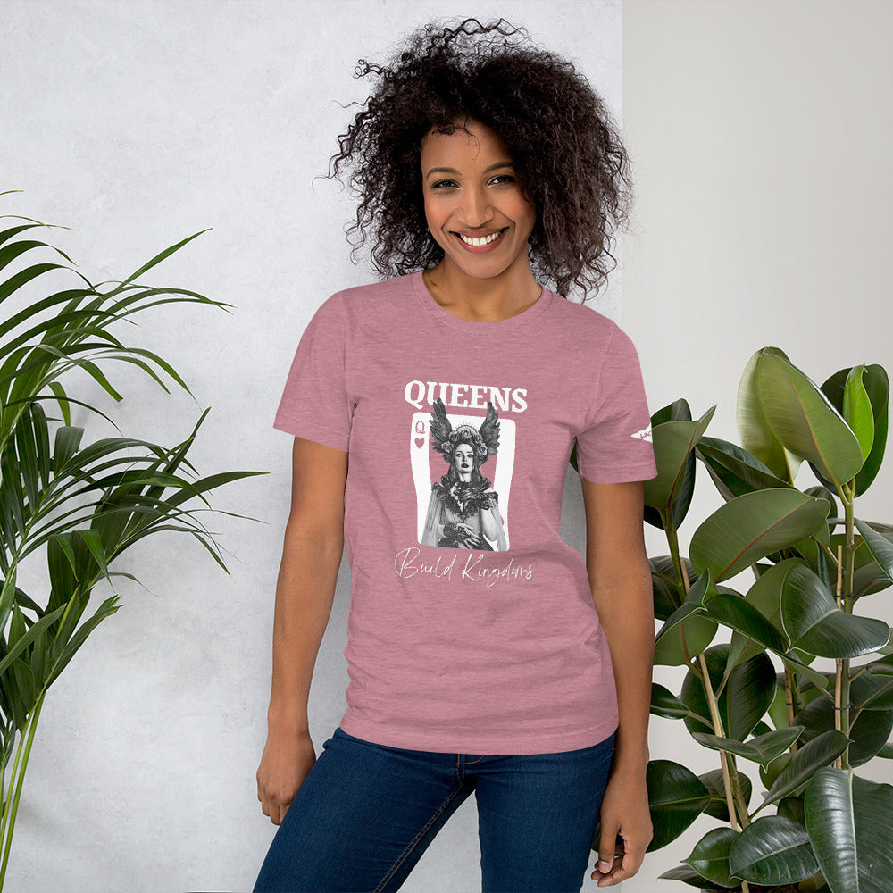 Queens Build Kingdoms heather pink shirt featuring an angel woman and a queen of heart card.