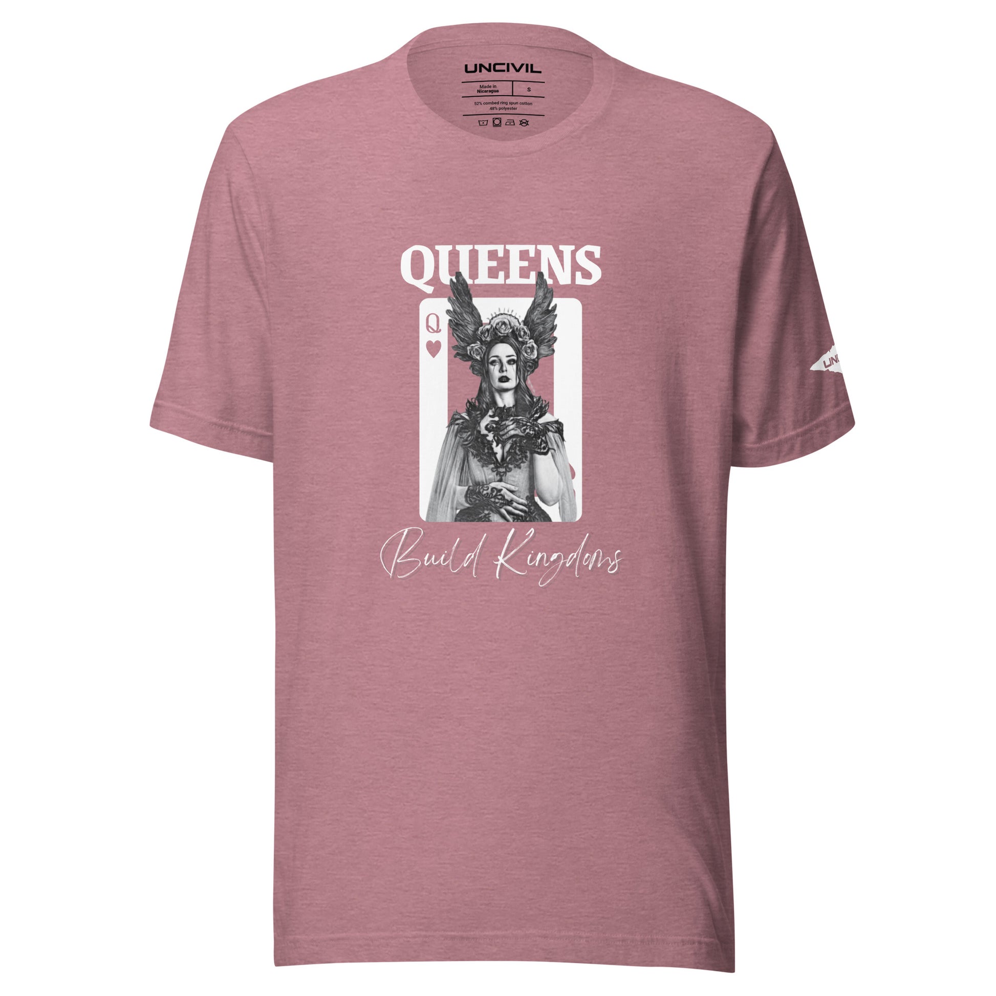 Queens Build Kingdoms heather pink shirt featuring an angel woman and a queen of heart card.