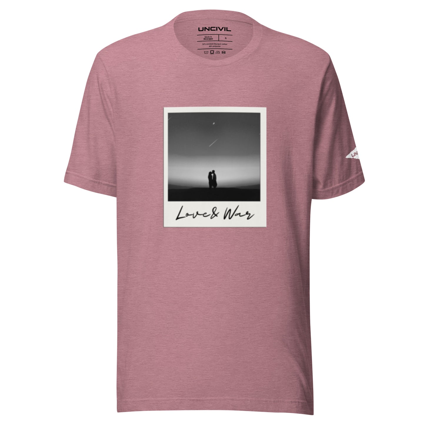 Love and War shirt. Featuring a Polaroid photo of a couple in black and white. Heather pink unisex shirt.