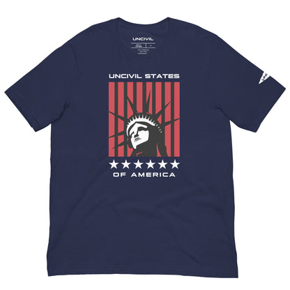 Disrupt the ordinary with our UNCIVIL States of America T-shirt. Navy Unisex Shirt featuring the Statue of Liberty. A perfect patriotic tee for people who love America.