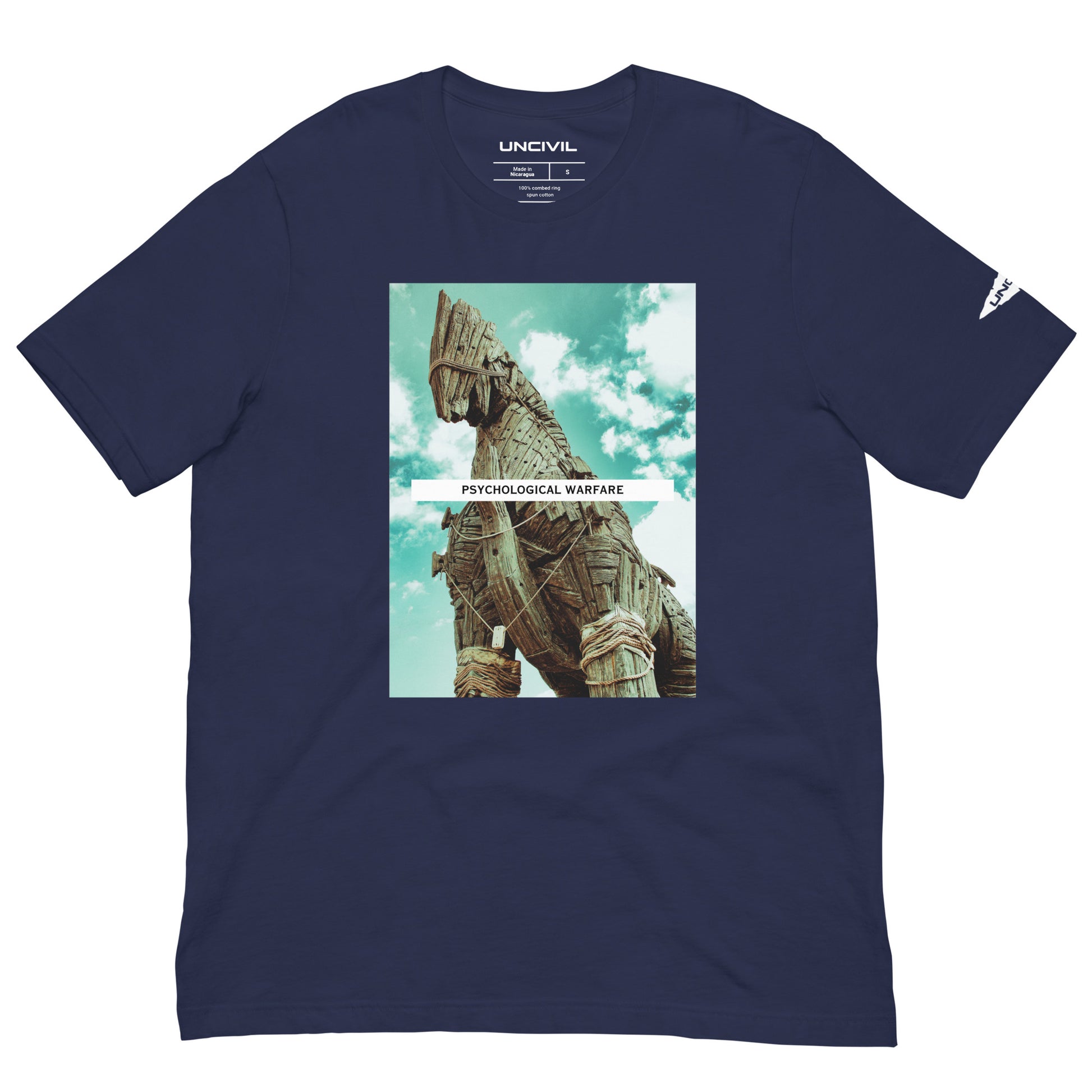 Our Psy Ops shirt features the Trojan Horse, a legendary story from Greek mythology. Navy Blue graphic tee.