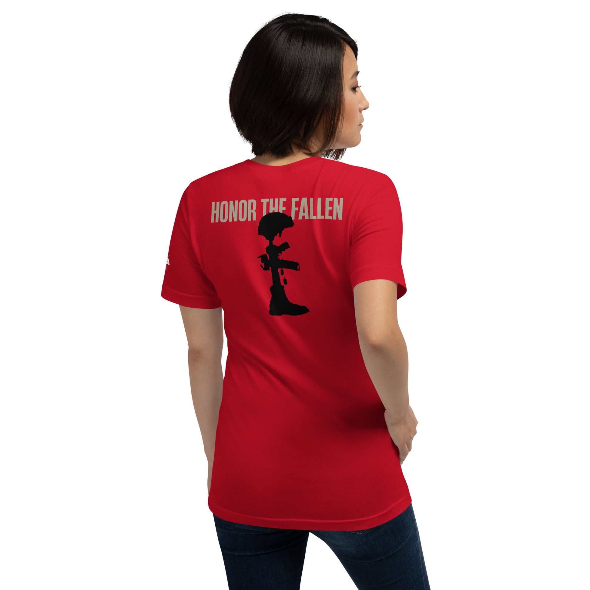 Honor the Fallen T-shirt, a powerful tribute to those who sacrificed for our freedom. Designed for Memorial Day, Red Unisex.