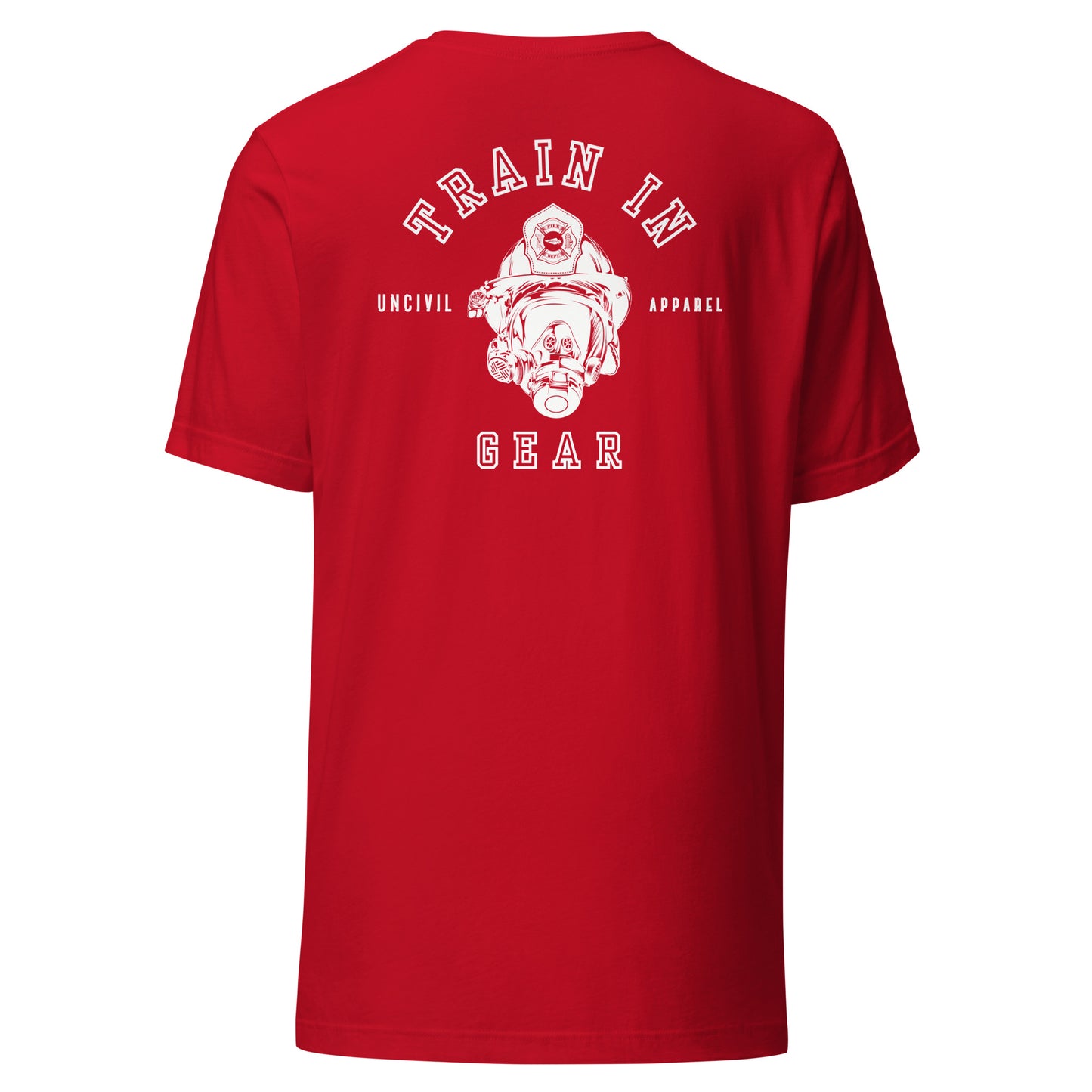 Train in Gear Graphic T-shirt, Firefighter and Military shirts, Red.