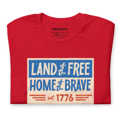 Land of the Free Home of the Brave t-shirt, red unisex patriotic shirt.