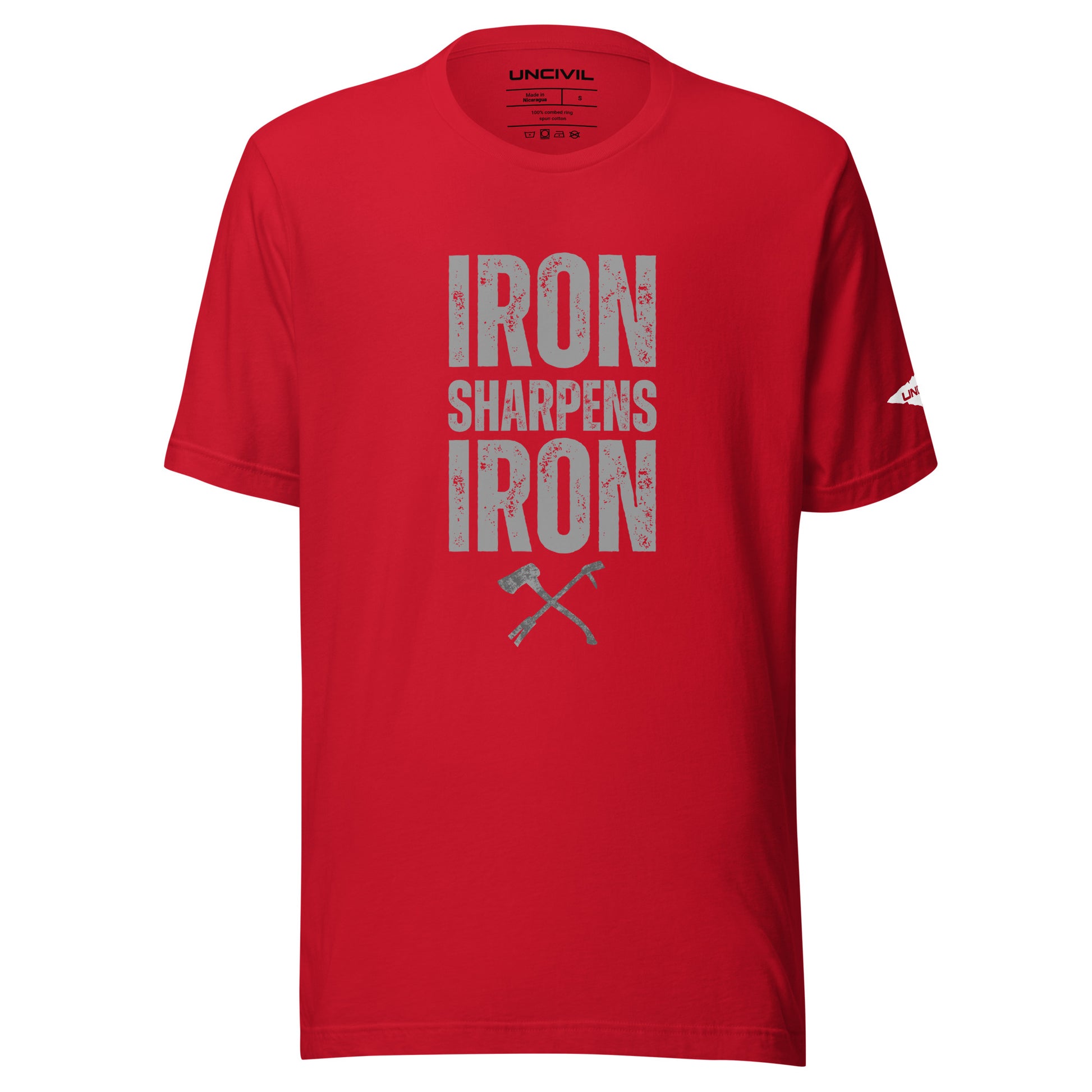 Iron Sharpens Iron Proverbs 27:17 Unisex T-shirt with a set of irons - red shirt