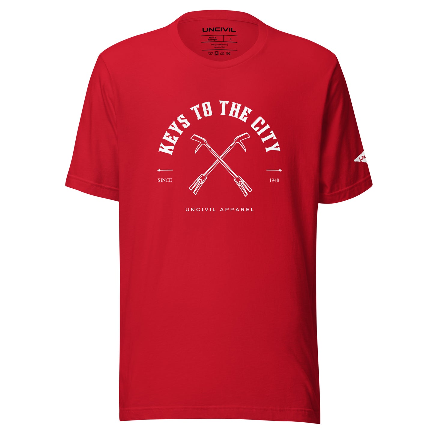 Keys to the City, Halligan Bar Design, Red Unisex T-shirt for Firefighters