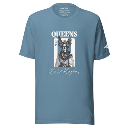 Queens Build Kingdoms Steel Blue shirt featuring an angel woman and a queen of heart card.