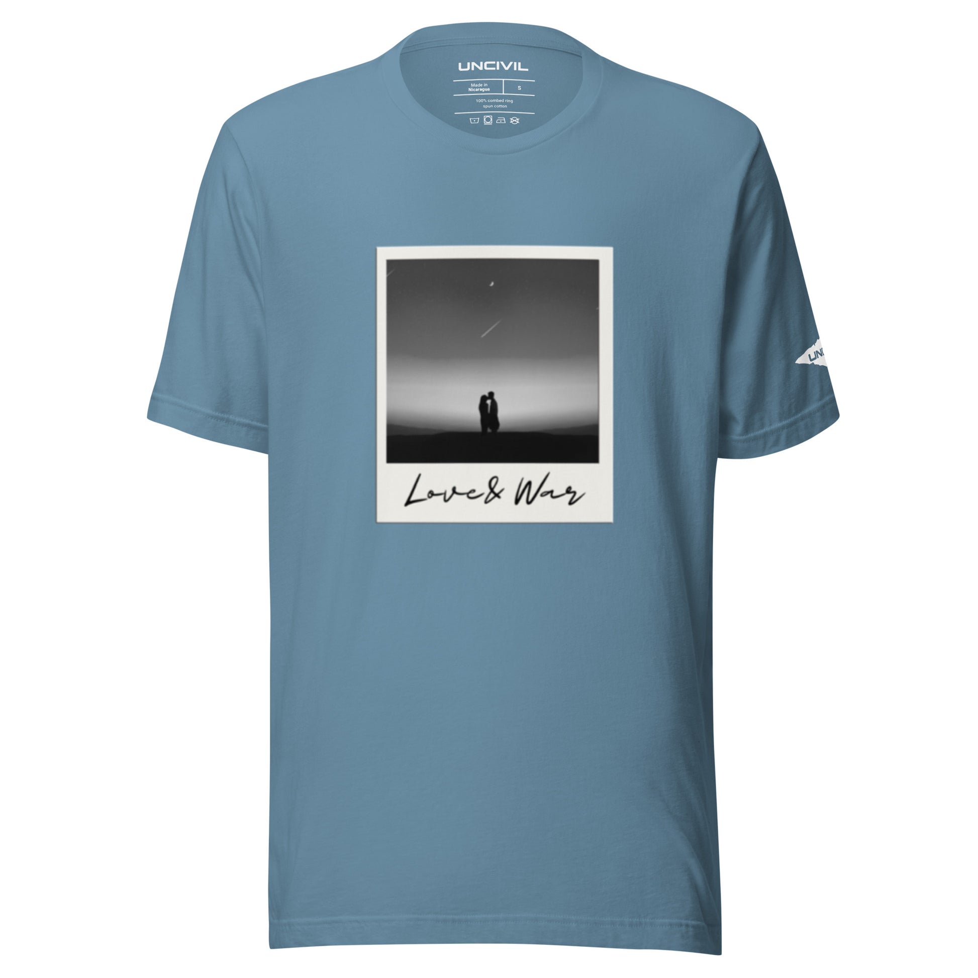 Love and War shirt. Featuring a Polaroid photo of a couple in black and white. Steel Blue unisex shirt.