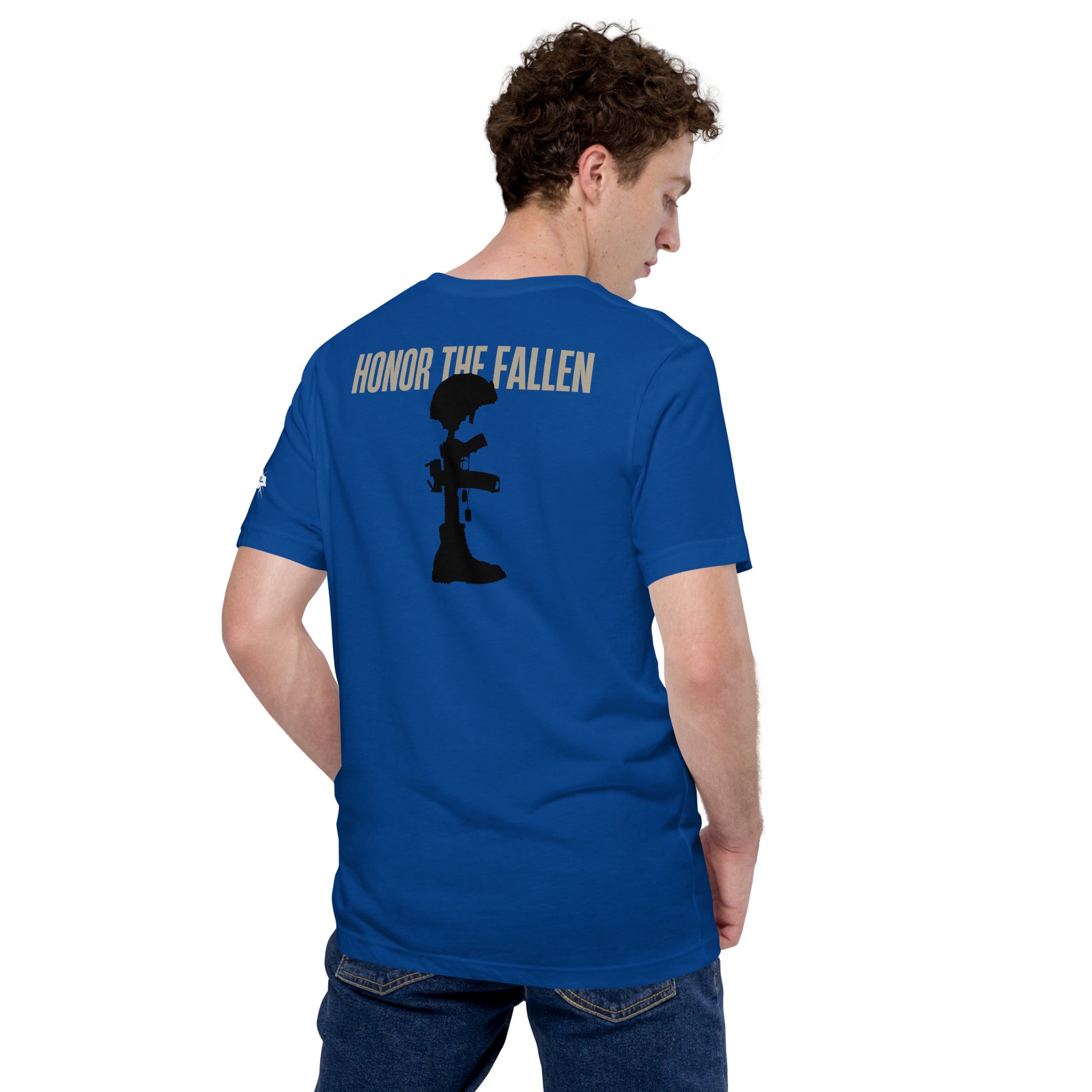 Honor the Fallen T-shirt, a powerful tribute to those who sacrificed for our freedom. Designed for Memorial Day, Royal Blue Unisex.