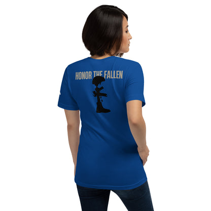 Honor the Fallen T-shirt, a powerful tribute to those who sacrificed for our freedom. Designed for Memorial Day, Royal Blue Unisex.