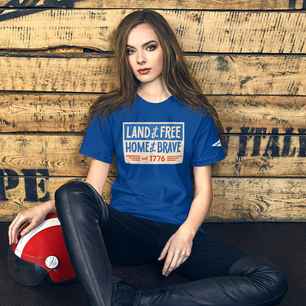 Land of the Free Home of the Brave t-shirt, royal blue unisex patriotic shirt.