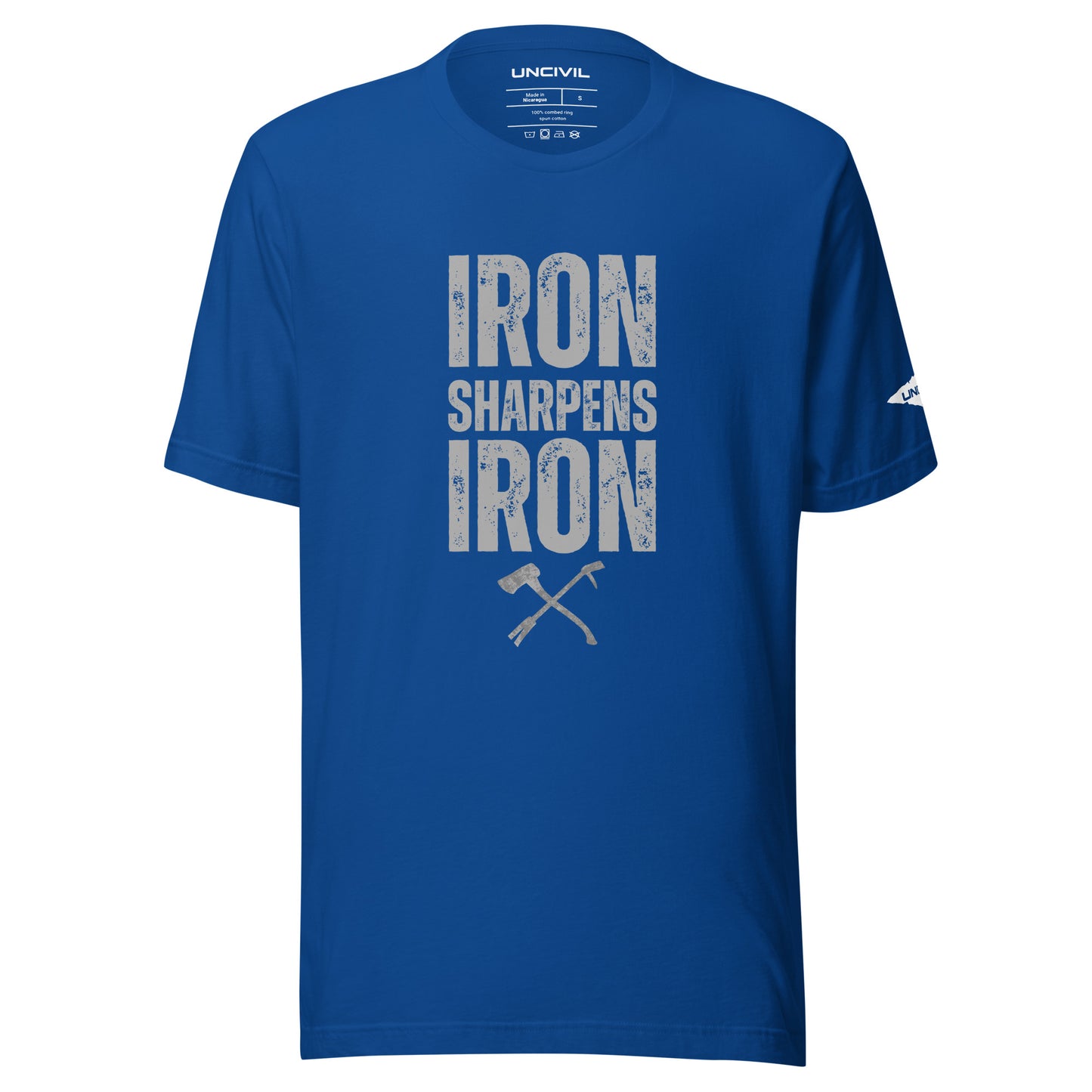 Iron Sharpens Iron Proverbs 27:17 Unisex T-shirt with a set of irons - royal blue