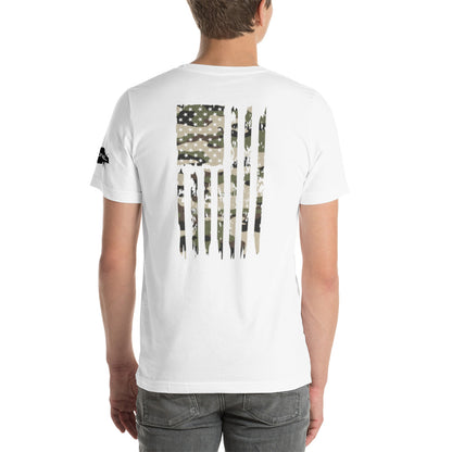 Unisex White t-shirt Camo Army distressed American Flag t-shirt
