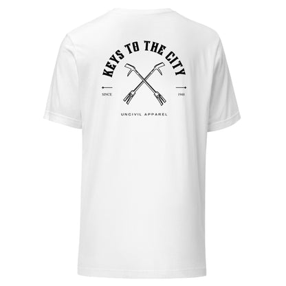 Keys to the City Halligan shirt, White unisex t-shirt with maltese cross