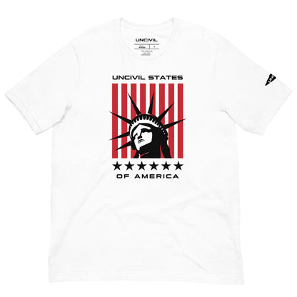Disrupt the ordinary with our UNCIVIL States of America T-shirt. White Unisex Shirt featuring the Statue of Liberty. A perfect patriotic tee for people who love America.