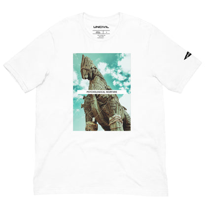 Our Psy Ops shirt features the Trojan Horse, a legendary story from Greek mythology. White graphic tee.