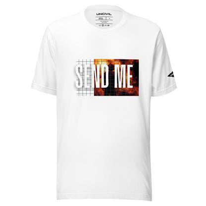 Send Me Isaiah 6:8 shirt, white graphic tee featuring a firefighter. Men 's shirt.