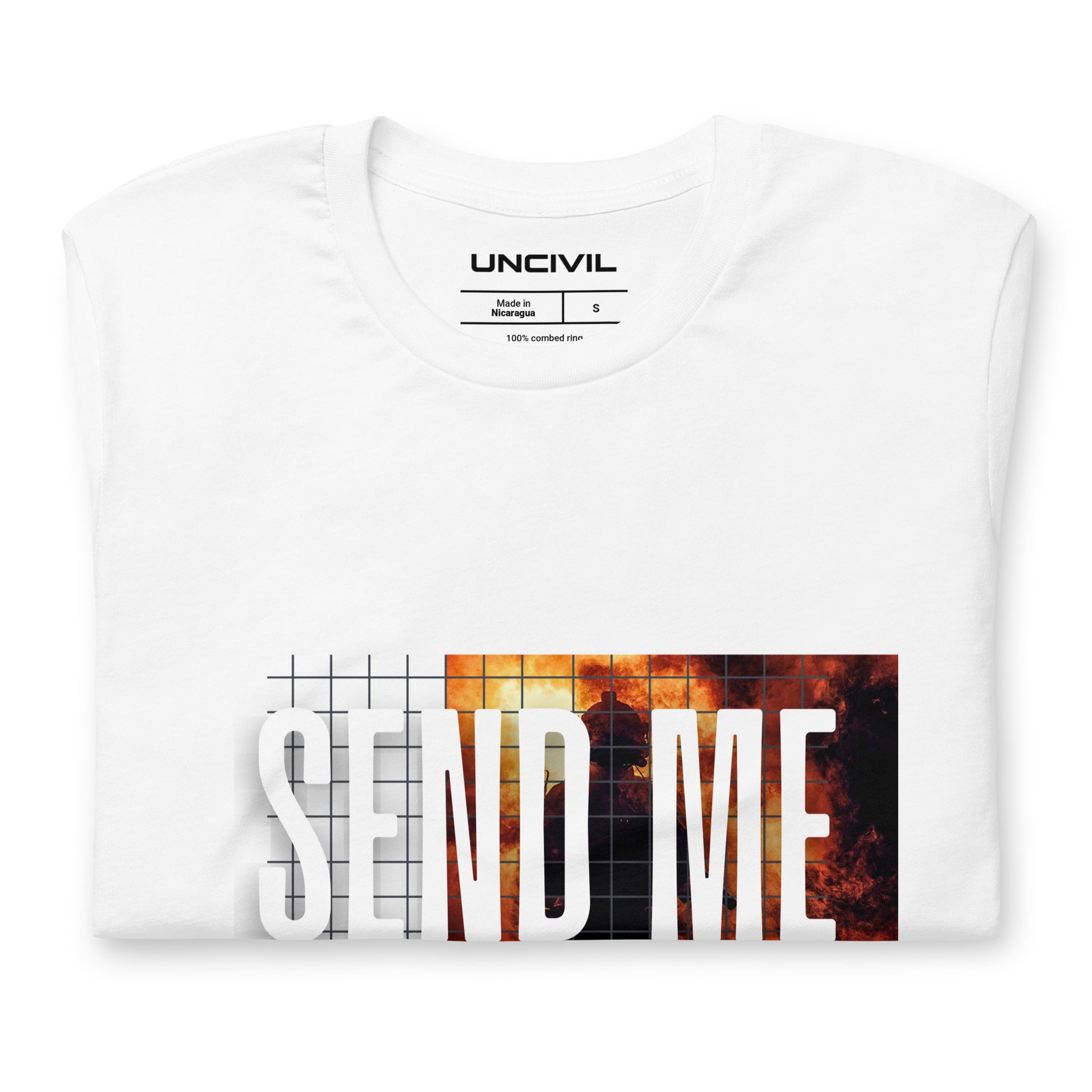 Send Me Isaiah 6:8 shirt, white graphic tee featuring a firefighter. Men 's shirt.