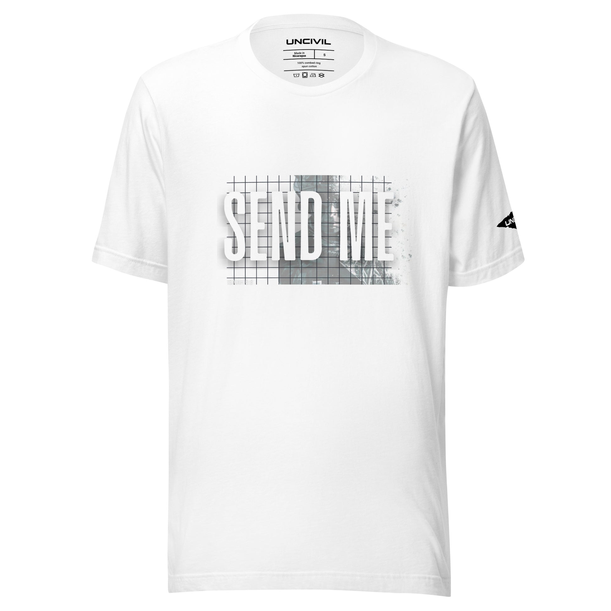 Send Me Isaiah 6:8 shirt, white graphic tee featuring a soldier. Men 's shirt.
