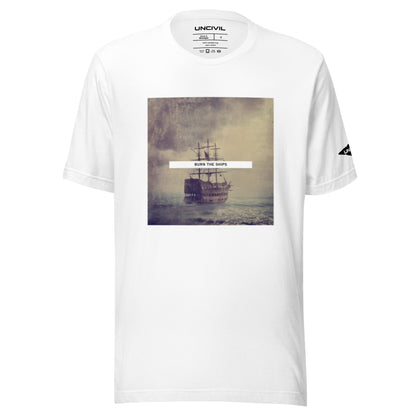 Burn the Ships shirt featuring a vintage image of a sailboat, white for men and women. 