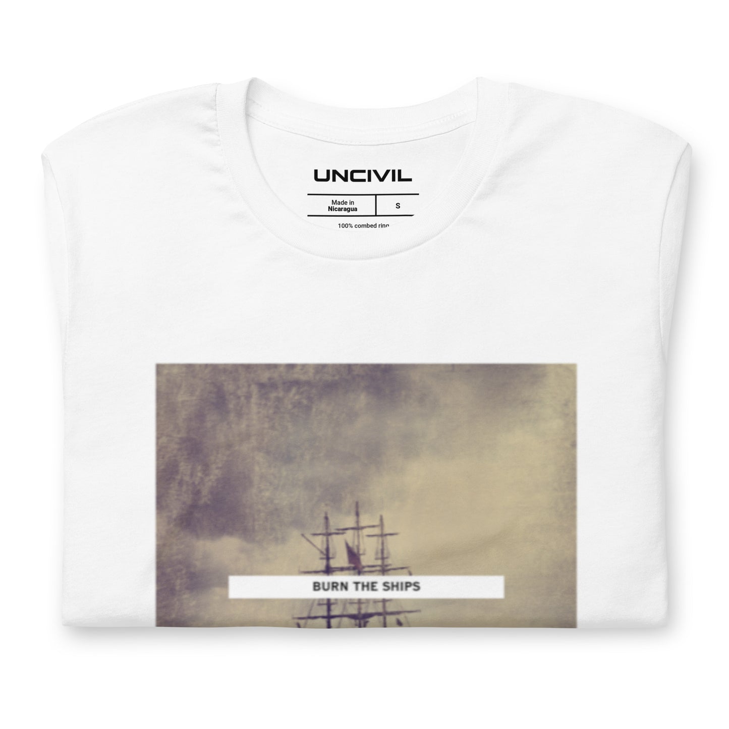 Burn the Ships shirt featuring a vintage image of a sailboat, white for men and women. 